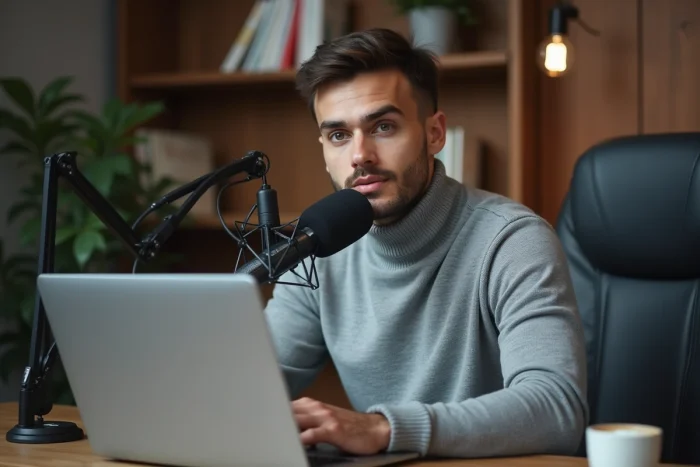 Jeune personnalité médiatique enregistrant un podcast dans un espace de travail contemporain, évoquant l'univers professionnel d'Aaron Nouchy