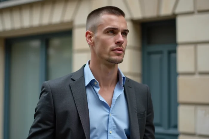 Homme en costume élégant devant une façade parisienne contemporaine, portrait urbain évoquant la notoriété et l'identité publique d'Aaron Nouchy