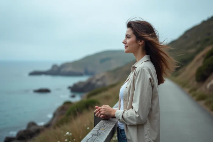 A woman alone looking at the horizon by the sea, symbolizing the acceptance of regret as an integral part of a life choice