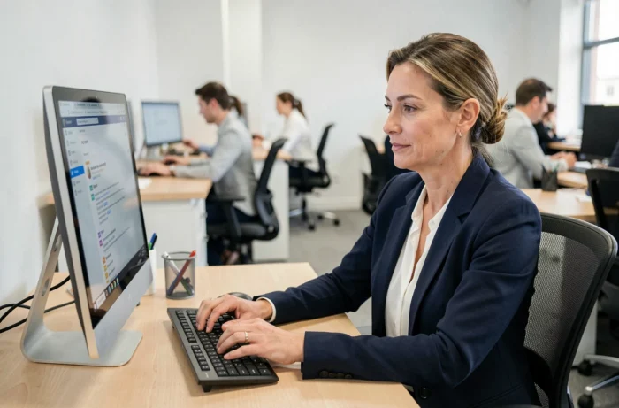 Femme professionnelle accédant à la messagerie Zimbra sur un ordinateur de bureau dans un open space administratif