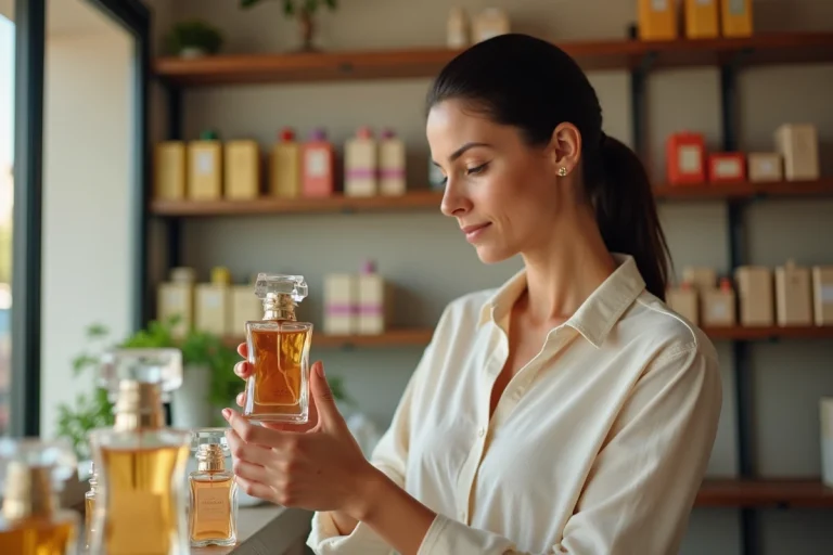 Femme choisissant un parfum dans une pharmacie espagnole à Barcelone, comparant les prix et les flacons de parfum