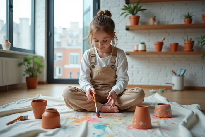 Adolescente peignant des motifs créatifs sur des pots en terre cuite dans un appartement urbain moderne lors d'un projet DIY