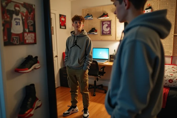 Adolescent vérifiant sa tenue de marque Jordan devant un miroir dans sa chambre décorée de sneakers et posters de marques