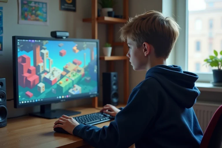 Adolescent vérifiant son temps de jeu sur Roblox devant un ordinateur dans sa chambre