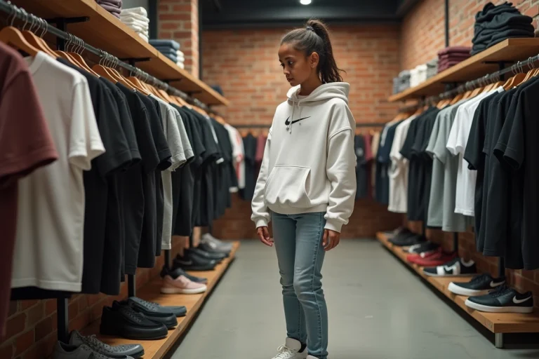 Adolescente parcourant les rayons d'une boutique de streetwear urbaine portant des vêtements de marques tendance comme Nike