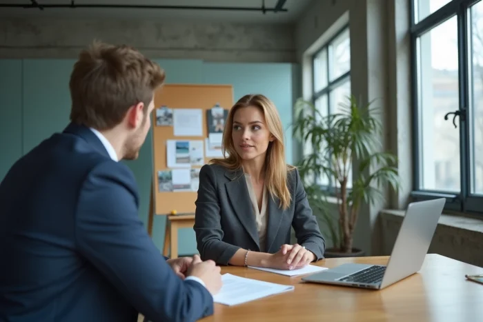 Agent immobilier conseillant un acheteur lors de la signature d'un contrat immobilier