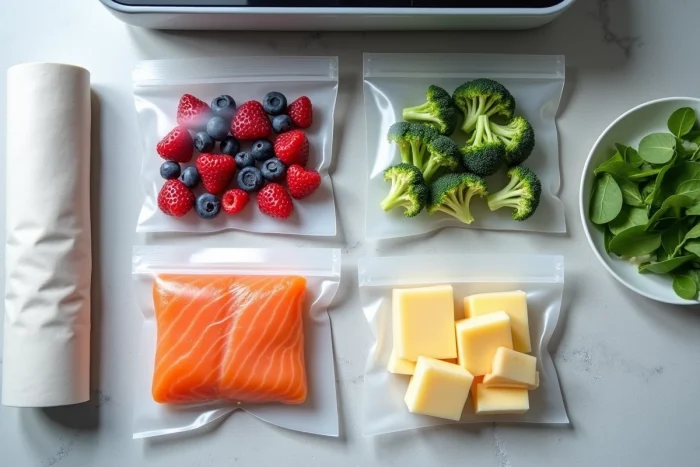 Flat lay de sacs sous vide contenant différents aliments conservés grâce à la Magic Vac Maxima 2 sur une surface en ardoise grise