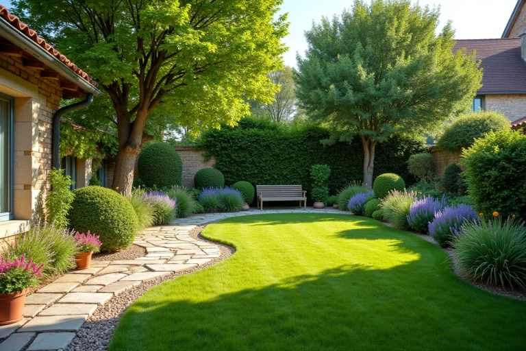 Vue d'ensemble d'un jardin résidentiel aménagé avec terrasse en pierre, allée en gravier, massifs fleuris et mobilier en bois