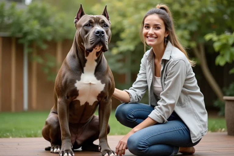Femme agenouillée à côté d'un American Bully adulte bringé assis sur une terrasse en bois dans un jardin verdoyant