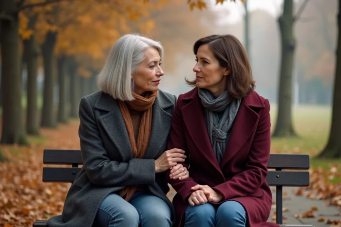 Deux femmes assises sur un banc en automne, l'une réconfortant l'autre en souvenir d'une amie décédée