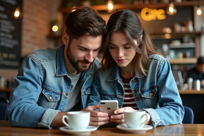 Deux amis consultant un tutoriel d'installation d'application iPhone dans un café urbain
