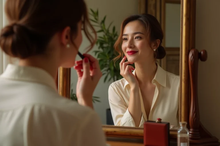 Femme appliquant un rouge à lèvres rouge profond devant un miroir de coiffeuse vintage dans un décor élégant à la française