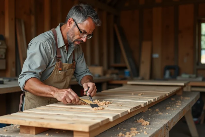 Artisan assemblant une claie en bois dans un atelier extérieur rustique avec des outils manuels