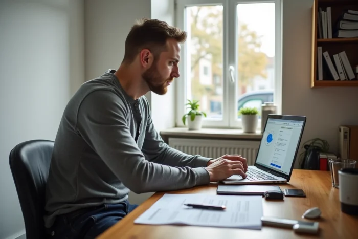 Artisan indépendant remplissant un formulaire d'inscription en ligne pour devenir prestataire auprès d'une grande enseigne de bricolage