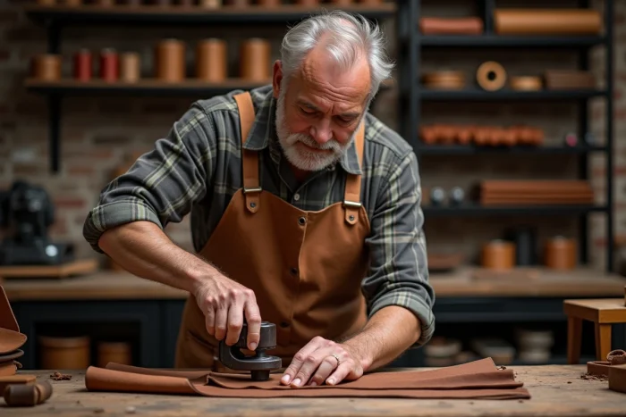 Artisan perforant une ceinture en cuir tanné végétal avec un emporte-pièce rotatif dans un atelier de maroquinerie traditionnel