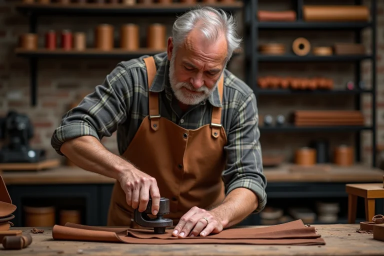 Artisan perforant une ceinture en cuir tanné végétal avec un emporte-pièce rotatif dans un atelier de maroquinerie traditionnel