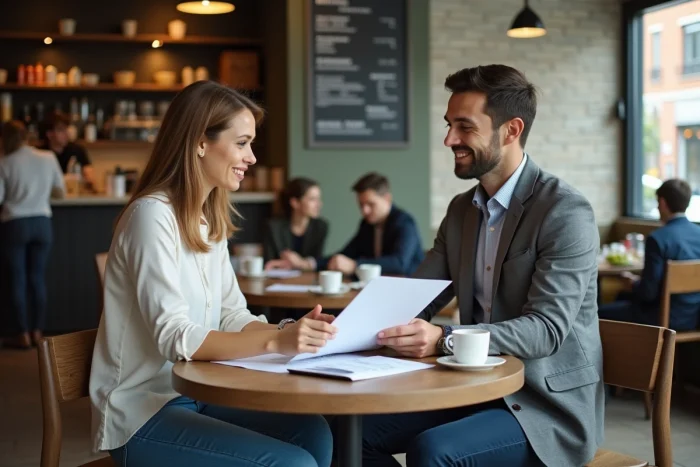 Deux associés en train d'examiner un business plan imprimé dans un café urbain