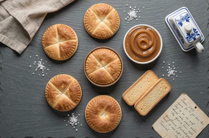 Vue aérienne d'un assortiment de pâtisseries bretonnes incluant galettes, sablés au beurre salé et caramel sur ardoise grise