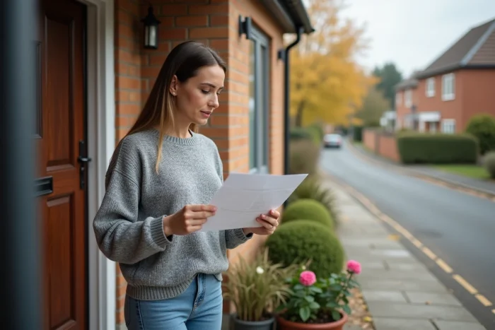 Femme devant sa porte d'entrée tenant un avis de passage, illustrant la problématique d'un colis perdu ou non livré par un service de remise international