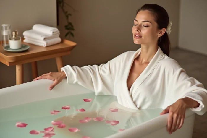 Femme se relaxant dans un bain thermal aux pétales de roses dans un espace spa élégant et épuré