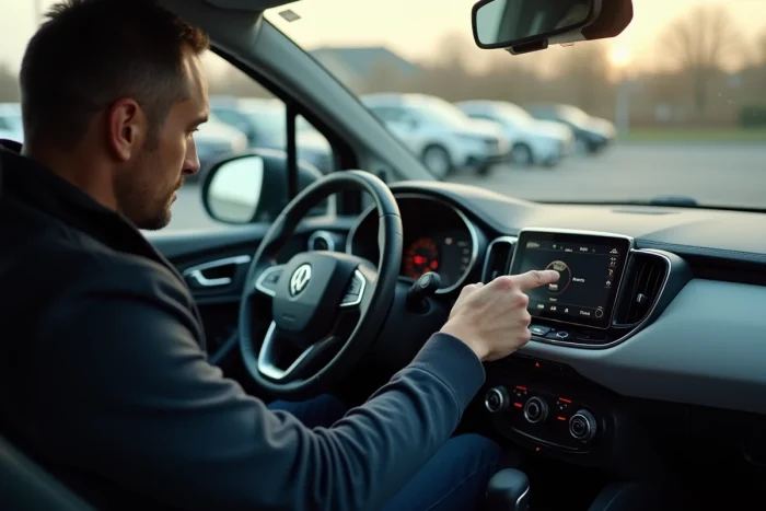 Homme appuyant sur le bouton d'alimentation de l'autoradio dans l'habitacle d'une Peugeot 2008