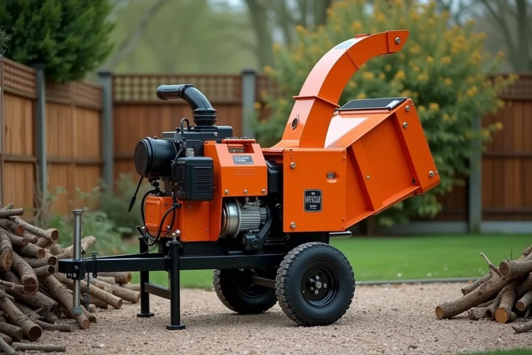 Broyeur de jardin électrique Denqbar 5100W posé sur une allée en gravier avec des branches à broyer