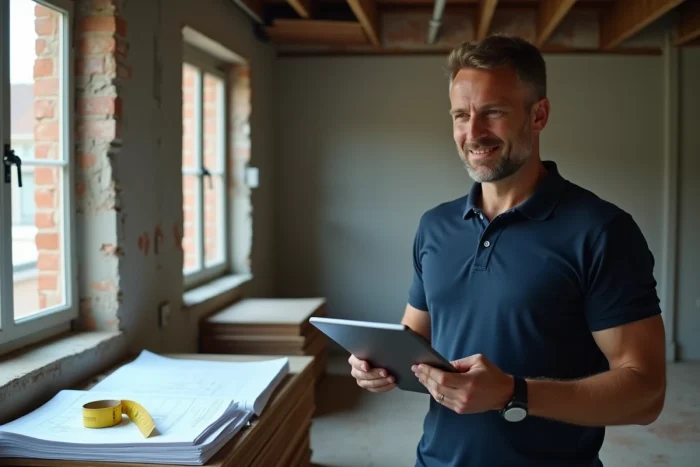 Propriétaire consultant une estimation de budget rénovation sur tablette dans un appartement en chantier