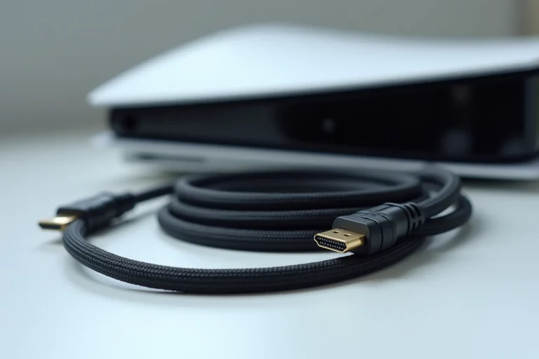 Câble HDMI 2.1 tressé avec connecteurs dorés posé à côté d'une console PS5 blanche sur une surface mate