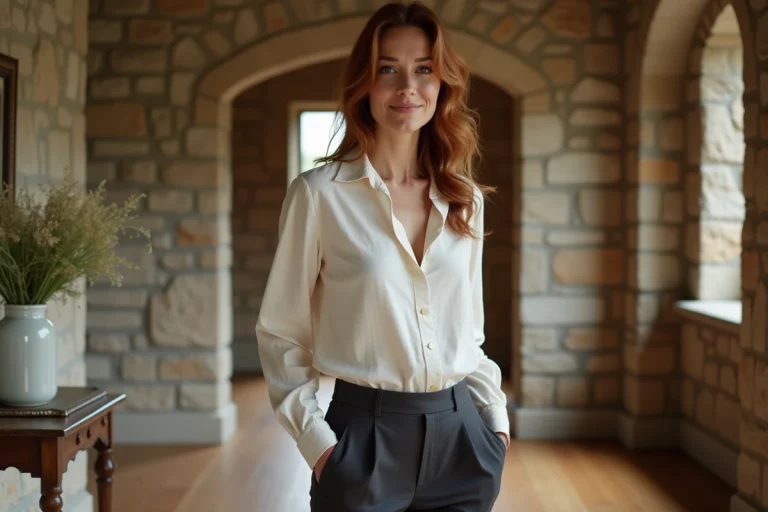 Femme élégante aux cheveux auburn dans l'entrée d'une belle maison de campagne en pierre avec parquet chêne