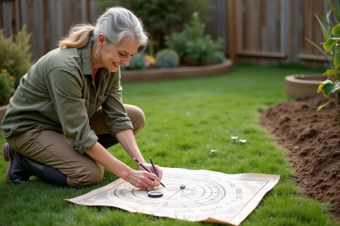 Une femme en tenue de jardinage analyse une carte d'ensoleillement dessinée à la main posée sur la pelouse
