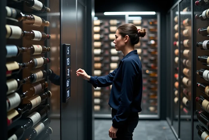 Femme consultant un panneau de contrôle numérique de température dans une cave à vin moderne avec casiers métalliques et affichage à 13 degrés