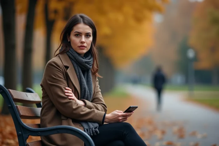 A woman alone on a park bench with her phone turned over, illustrating the decision to stop asking others for their opinions