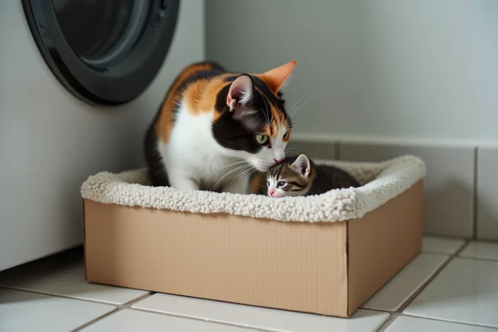 Chatte calico déplaçant ses chatons vers un nouveau nid douillet dans une boîte tapissée de tissu polaire