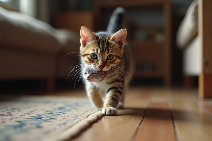 Chatte tabby portant délicatement un chaton nouveau-né dans sa gueule pour le déplacer vers un endroit sûr