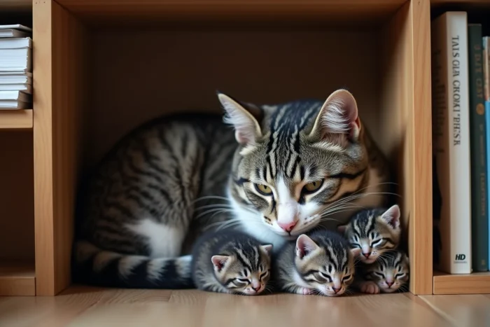 Chatte grise protégeant ses chatons nouveau-nés dans un recoin isolé derrière une bibliothèque à la maison
