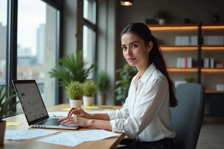 Cheffe de projet d'une agence web innovante analysant des données de présence en ligne sur un tableau de bord analytique dans un bureau créatif moderne