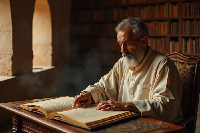 Chercheur marocain consultant d'anciens manuscrits amazighs et arabes dans une bibliothèque traditionnelle de médina, évoquant les recherches sur l'origine du prénom berbère Sidjil