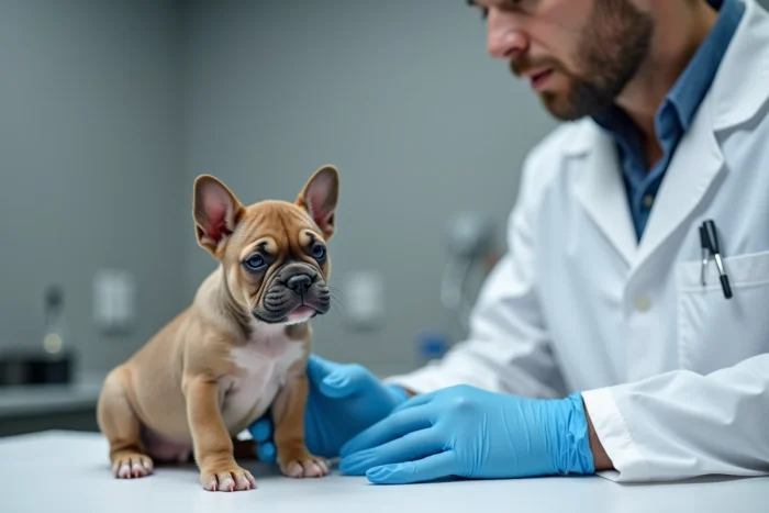Chiot Exotic Bully de 10 semaines examiné par un vétérinaire en blouse blanche dans une clinique animale