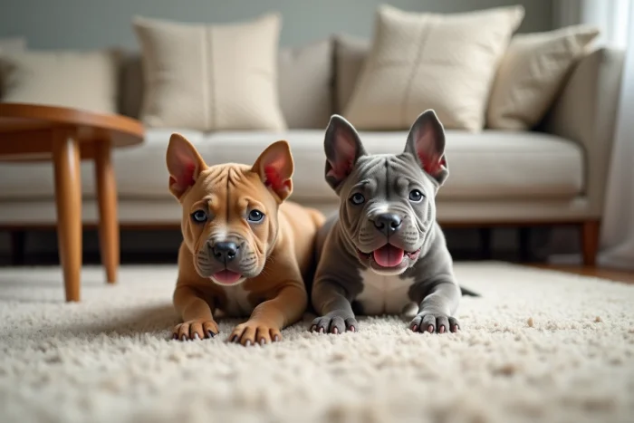 Deux chiots American Bully fauve et bleu-gris jouant sur un tapis dans un salon moderne et lumineux