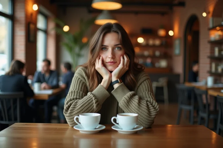 Une femme pensive assise seule à une table de café avec deux tasses devant elle, symbolisant le dilemme entre deux choix amoureux