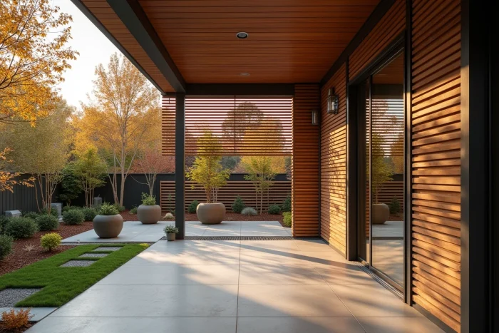 Véranda moderne protégée par des claies en bois horizontales montées en façade extérieure avec jardin en arrière-plan
