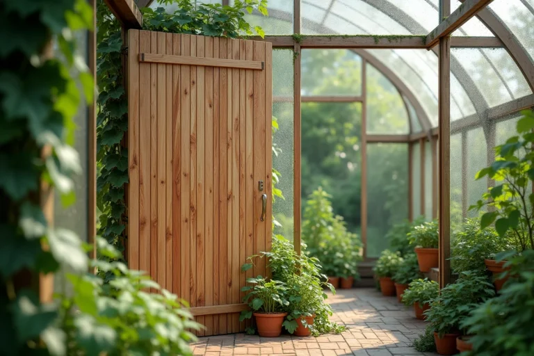 Claie en bois naturel posée contre la paroi vitrée d'une serre de jardin entourée de plantes grimpantes