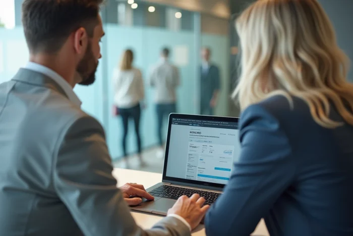 Client et conseiller bancaire consultant un IBAN FR76 sur un écran d'ordinateur en agence