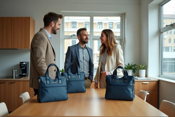 Groupe de collègues en pause découvrant des totes bags Isotoner dans une salle de pause de bureau