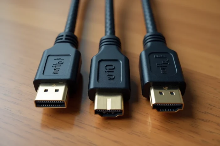 Comparaison de trois câbles HDMI de qualités différentes posés côte à côte sur un bureau en bois, incluant des modèles HDMI 2.0 et HDMI 2.1