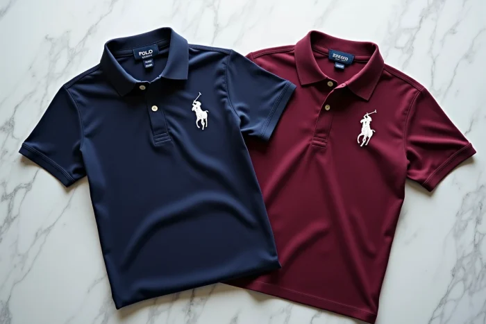 Comparaison côte à côte de deux polos Ralph Lauren et Polo Club sur marbre blanc, mettant en évidence les logos et la qualité des broderies