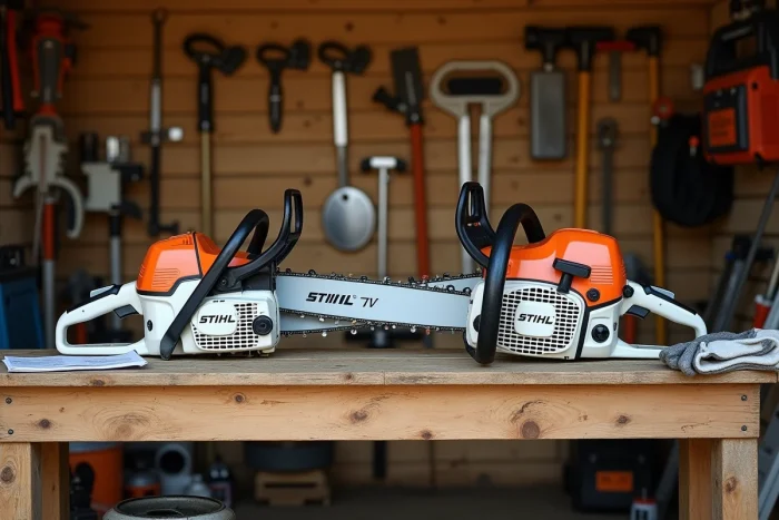 Comparaison côte à côte de deux débroussailleuses Stihl posées sur un établi en bois dans un atelier de jardinage