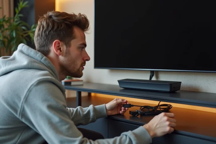 Homme connectant un câble HDMI entre une PS5 et un téléviseur 4K dans un salon moderne avec meuble TV en bois sombre