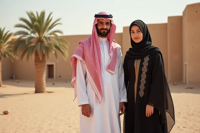 Couple adulte saoudien en tenues traditionnelles thobe et abaya brodée devant les murs en banco restaurés du site patrimonial de Diriyah près de Riyad, Arabie saoudite