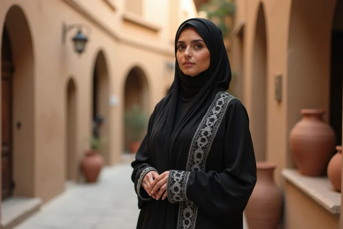 Femme adulte émiratie en abaya noire brodée d'argent dans une ruelle du souk historique d'Al Fahidi avec l'architecture aux tours à vent de Dubaï, Émirats arabes unis